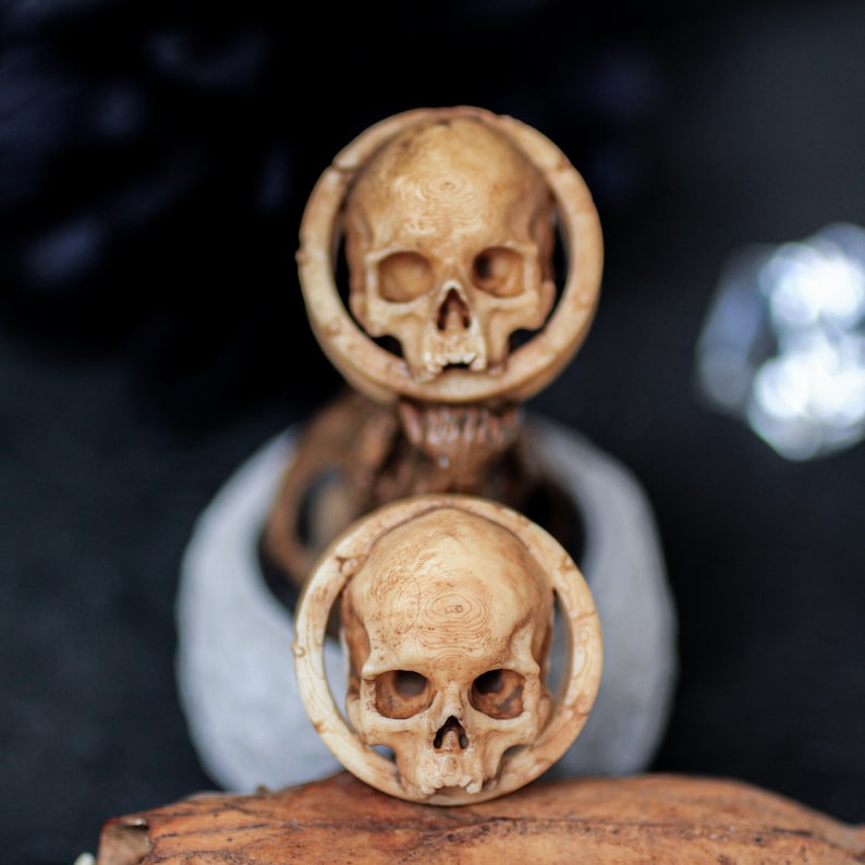 DIY-friendly bone resin half skull ear gauges with classic texture—great for Gothic body mods, punk ear piercings, or dark aesthetic jewelry collections.