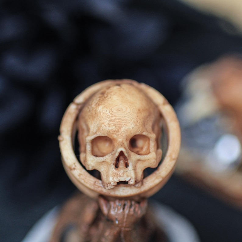 Handmade bone resin half skull ear gauges, featuring classic texture for Gothic, punk-style body piercings. Ideal alternative jewelry for ear adornment.