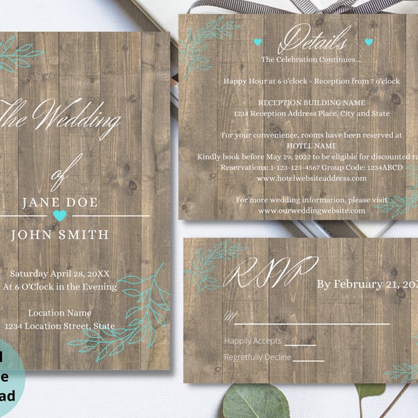 Elegant and Simple Country Teal Wedding Invitation Template