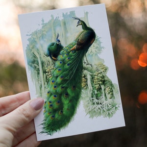 May include: A green peacock with its tail feathers spread out in a fan shape. The peacock is standing on a branch with green leaves. The background is a watercolor wash of green and brown.