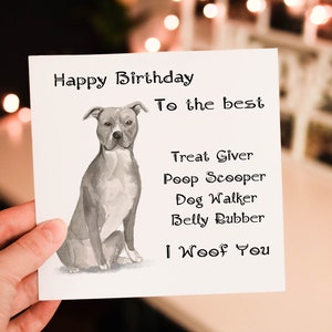 Biglietto di auguri di compleanno American Staffordshire Terrier, biglietto di auguri di compleanno per cani, biglietto di auguri personalizzato per razze di cani, biglietto di auguri per amici, biglietto di auguri di compleanno personalizzato