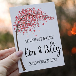 Refus de carte de mariage, carte personnalisée, carte de refus avec regret, carte d'invitation à un mariage refusée, carte de refus de fête, carte Désolé, je ne peux pas y assister