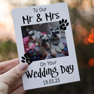 Cartão de dia do casamento do Sr. e Sra., cartão personalizado para casamento, cartão de dia do casamento do animal de estimação, no dia do seu casamento, cartão de casamento do animal de estimação, cartão de foto