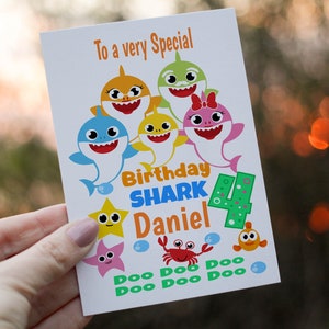 Tarjeta de cumpleaños de tiburón, tarjeta para cumpleaños de niño, tarjeta de cuarto cumpleaños, tarjeta personalizada para cualquier edad, tarjeta de cumpleaños de tiburón, tarjeta para niño