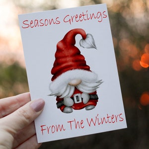 Seasons Greetings Gnome Christmas Card, Personalized Family Card