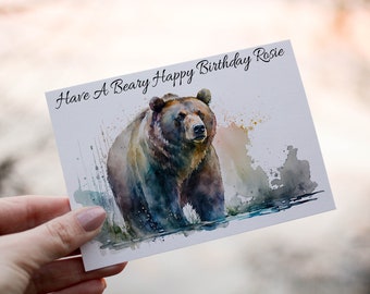 Personalized Grizzly Bear Birthday Card: Watercolor Design