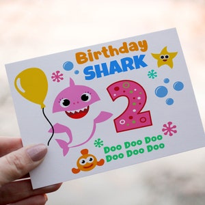 Cartão de aniversário de tubarão de aniversário, cartão para criança, tubarão de aniversário, cartão de 2º aniversário, cartão de aniversário de tubarão de aniversário, cartão personalizado de tubarão, cartão de tubarão