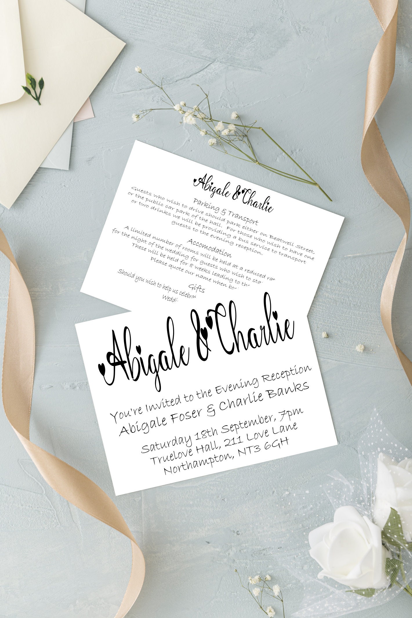Heart Evening Wedding Invitation, Personalised Wedding Stationery