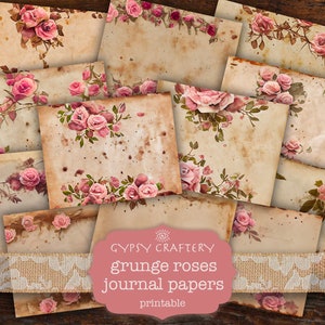 Grunge Roses Junk Journal Papers, Printable Journal Pages, Shabby Chic Digital Paper Pack, Scrapbook Supplies, Crafts, Diy