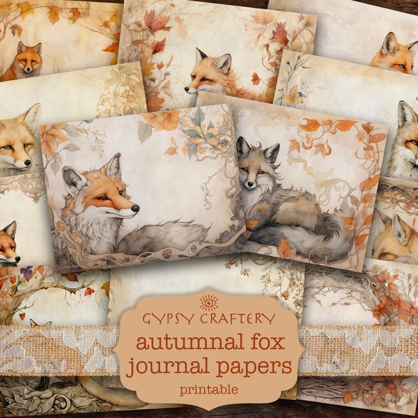 Autumnal Fox Junk Journal Pages, Craft Paper Set, Woodland Theme, Junk Journal Supplies, Fox Ephemera, Printable Fox Art, Cottagecore