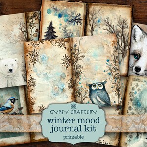 Trousse de carnets humeur hivernale, pages imprimables, téléchargement numérique, fournitures de journalisation, scrapbooking, renard arctique, ours polaire, hibou