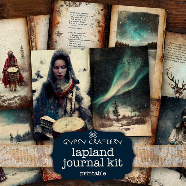 Lapland Junk Journal Kit, Journal Ephemera, Digital Download, Printable Journal, ATC Cards, Sami, Northern Lights, Shaman Journal