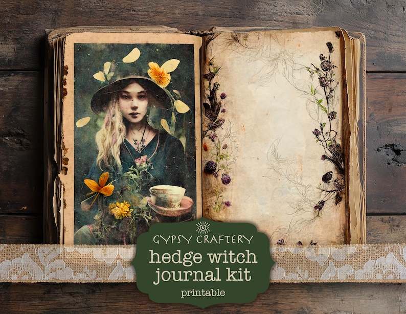 May include: A printable journal kit with a vintage aesthetic. The cover features an illustration of a woman in a forest setting with flowers and leaves. The text on the cover reads "hedge witch journal kit".