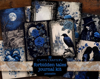 May include: A digital printable journal kit with a gothic theme. The kit features images of a blue moon, a castle, a raven, roses, and a heart. The text "Gypsy Craftery Forbidden Tales Journal Kit Printable" is included in the image.