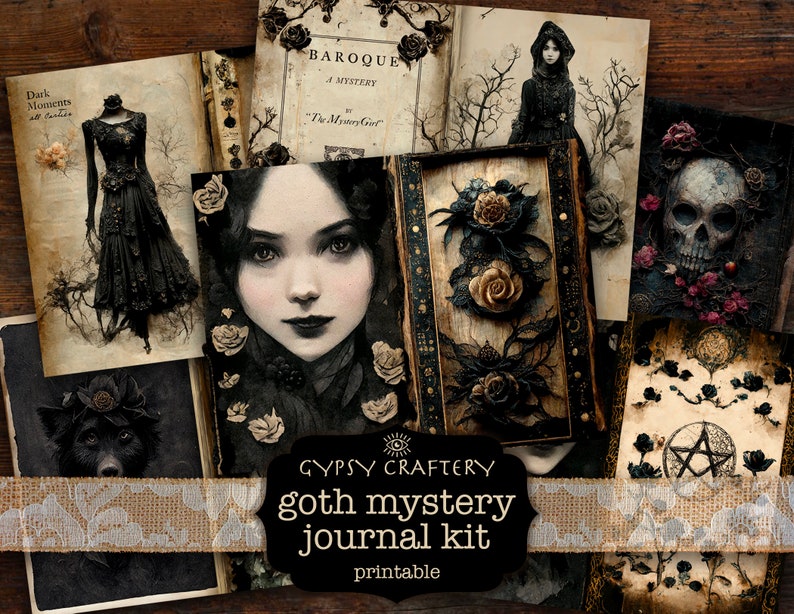 May include: Printable gothic mystery journal kit with images of a skull, a woman in a black dress, a wolf, and a pentagram. The kit includes the text "GYPSY CRAFTERY goth mystery journal kit printable".