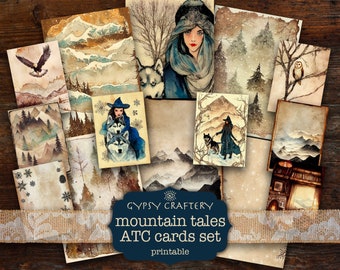 May include: A set of 12 printable ATC cards featuring wintery mountain scenes, owls, wolves, and women in blue and brown clothing. The cards are designed with a vintage aesthetic and include the text "GYPSY CRAFTERY mountain tales ATC cards set printable".