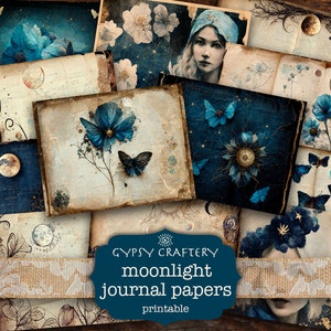 Moonlight Junk Journal Papers, pagine di diario stampabili, pacchetto di carta digitale, forniture per album, luna, sogni, farfalla, blu