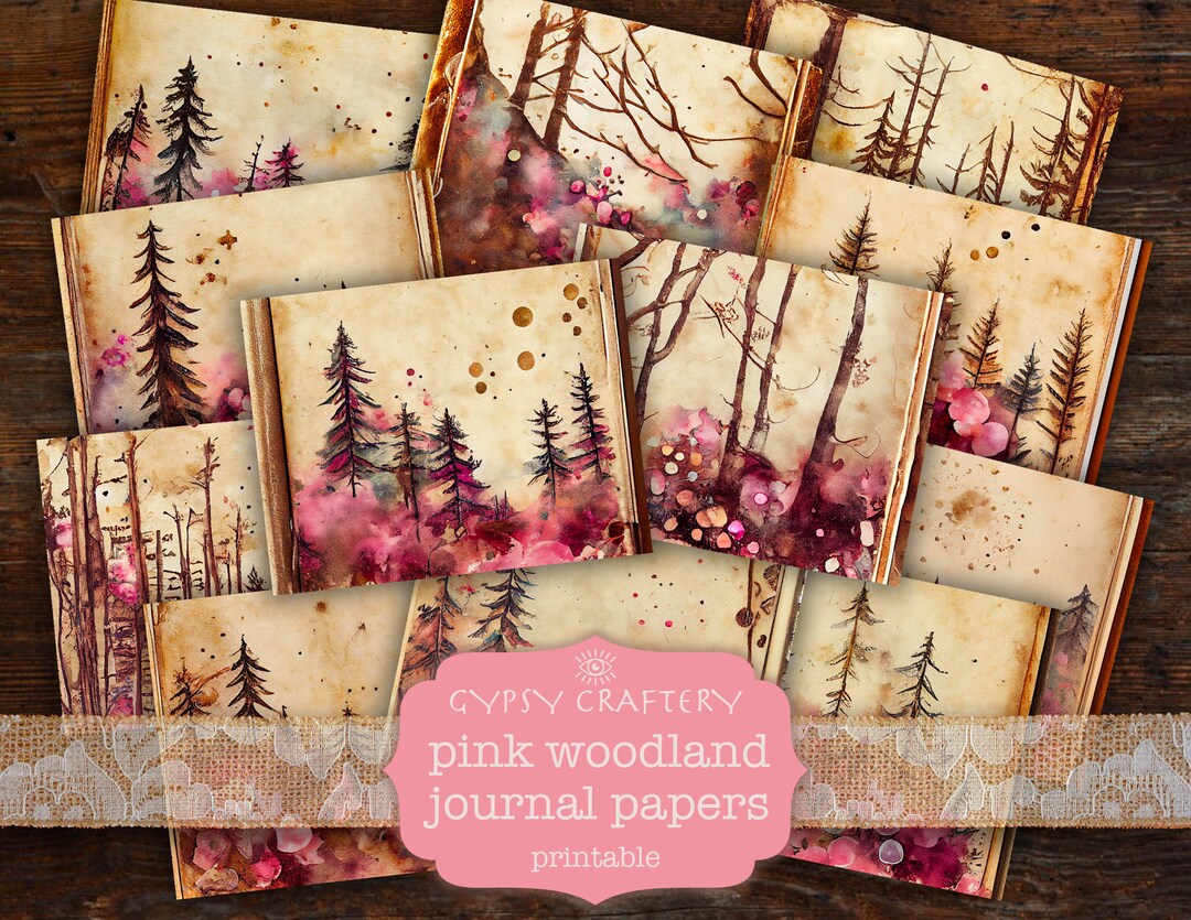 Pink Woodland Junk Journal Pages, Printable Forest Paper (digital ...