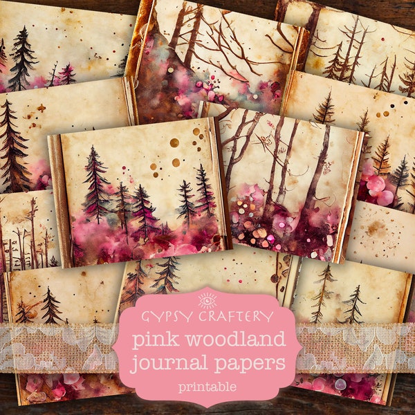 Pink Woodland Junk Journal Papers, Printable Journal Pages, Forest Trees Digital Paper Pack, Scrapbook Supplies, Crafts, Diy