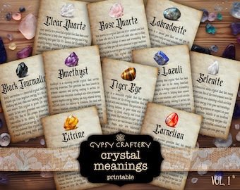 Crystal Meaning Cards, Printable Crystal Properties, Gemstones Cards, Book Of Shadows, Digital Grimoire, Bos Pages, Witch Journal