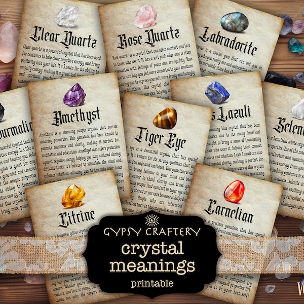 Crystal Meaning Cards, Printable Crystal Properties, Gemstones Cards, Book Of Shadows, Digital Grimoire, Bos Pages, Witch Journal