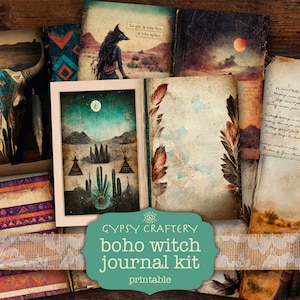 Kit de journal indésirable Boho Witch, pages imprimables, documents éphémères, signets, cartes ATC, scrapbooking, tzigane, sud-ouest des États-Unis, aztèque, tribal, désert