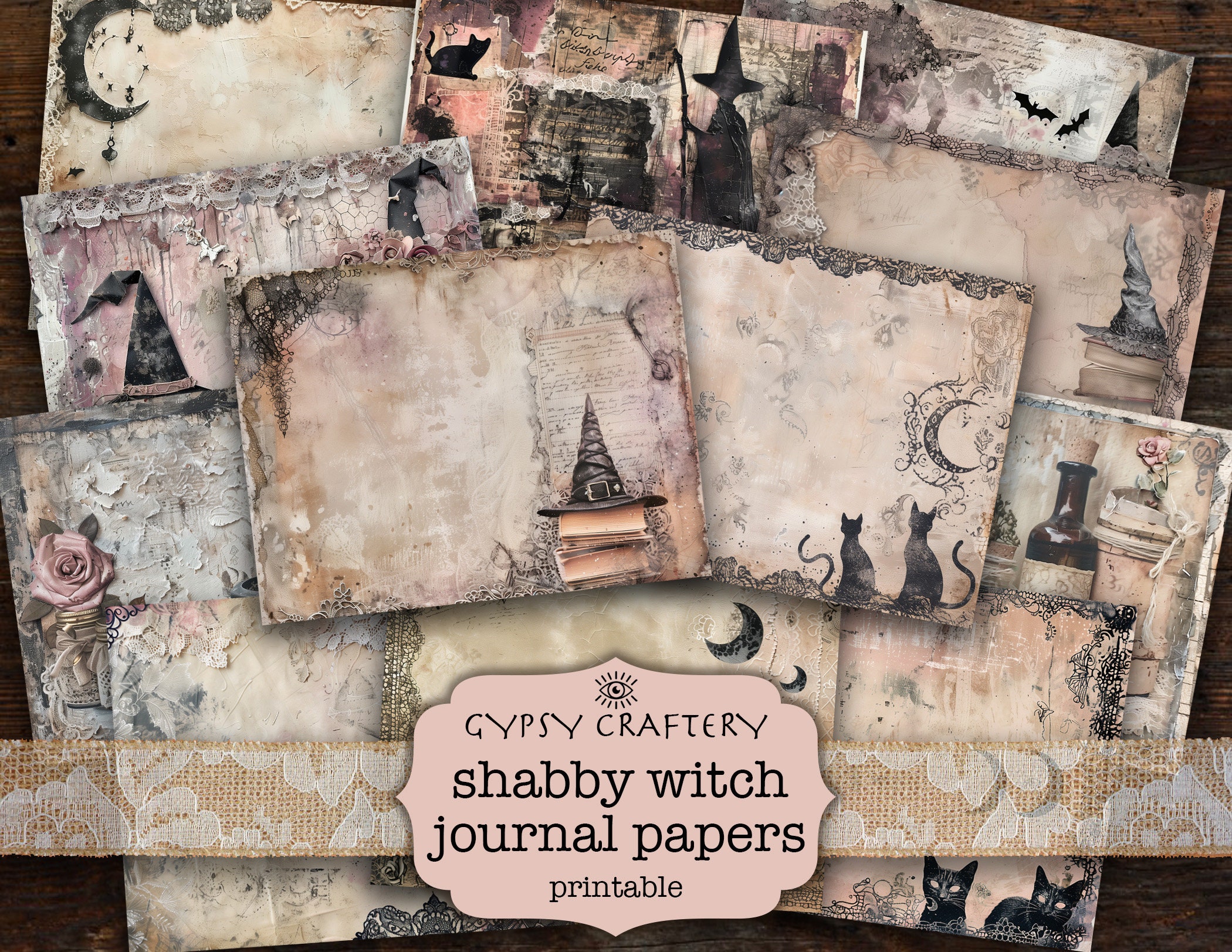 Shabby Witch Junk Journal Paper, Digital Download, Witch Journal Kit, Printable Background Pages, Witchcraft Journal Supplies, Black Cat
