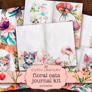 Journal floral aquarelle chats à imprimer, kit numérique, lot d'éphémères chats, fournitures de scrapbooking, travaux manuels en papier, bricolage