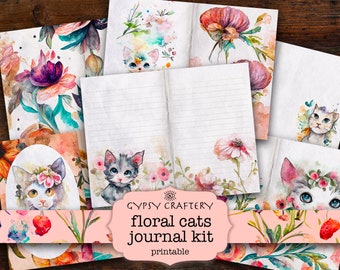 Watercolor Floral Cats Junk Journal Kit, DIY Paper Crafts (Digital Kit)