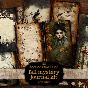Kit de diario basura con misterio de otoño, páginas imprimibles de brujas de otoño, material efímero de Halloween, suministros para diarios góticos, papel para álbumes de recortes, kit digital