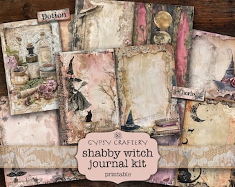 Puede incluir: Un kit digital imprimible para scrapbooking o diario con un tema de bruja desgastada. El kit incluye 10 papeles digitales con texturas vintage, encaje y diseños florales. Los papeles presentan una paleta de colores rosa, marrón y crema.