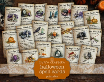 May include: A set of 16 printable Halloween spell cards with watercolor illustrations. Each card features a different spell with ingredients and instructions. The cards are designed in a vintage style with a brown background and white text.