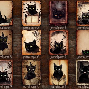 May include: Twelve digital printable papers featuring black cats with various poses and accessories, including a witch's hat and a book. The papers have a vintage, distressed look with a brown background.