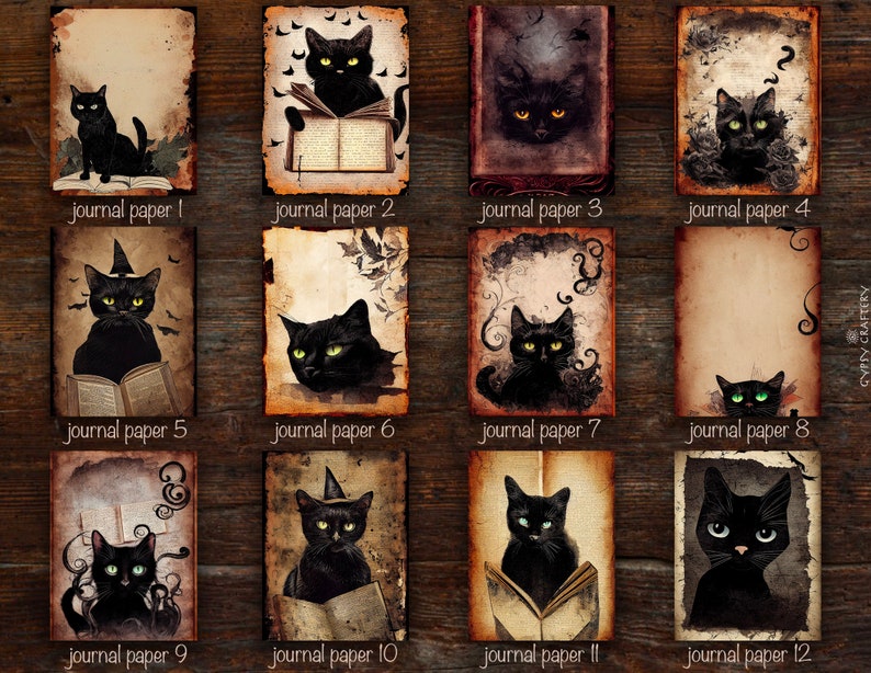 May include: Twelve digital printable papers featuring black cats with various poses and accessories, including a witch's hat and a book. The papers have a vintage, distressed look with a brown background.