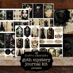 May include: Printable gothic mystery journal kit with images of a skull, roses, a wolf, a woman in a black dress, and a forest scene. The kit includes tags, papers, and other embellishments.