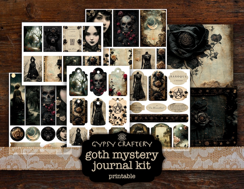 May include: Printable gothic mystery journal kit with images of a skull, roses, a wolf, a woman in a black dress, and a forest scene. The kit includes tags, papers, and other embellishments.