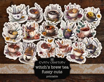 Witch's Brew Tea Fussy Cuts, Witchy Ephemera (Digital Download)