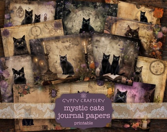 Mystic Black Cat Junk Journal Paper, Witchcraft Pages (Digital Download)