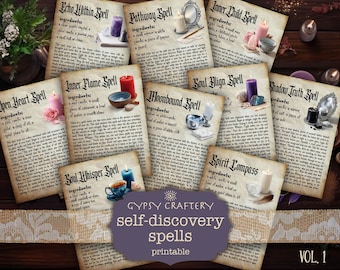 May include: A collection of printable self-discovery spells on aged paper. Each spell sheet features a title, ingredients, and instructions, with candles, crystals, and other items arranged around them. The image includes the text "GYPSY CRAFTERY self-discovery spells printable".