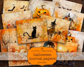Può includere: Un set di 10 carte digitali stampabili a tema Halloween con illustrazioni ad acquerello di zucche, pipistrelli, un gatto nero, una strega, un ragno e una casa infestata. Le carte hanno un aspetto vintage e usurato con una palette di colori arancio e marrone caldi. Il testo "GYPSY CRAFTERY halloween journal papers printable" è in basso nell'immagine.