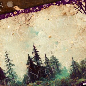 May include: A vintage-style image of a forest with tall trees and a cloudy sky. The image has a faded, textured look, giving it a nostalgic feel.
