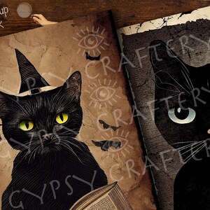 May include: Two black cats with large eyes. One cat is wearing a witch's hat and holding a book. The background is a vintage, textured paper with bats and eyes.