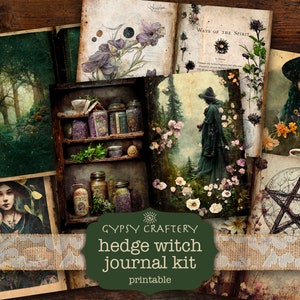 May include: A printable journal kit with a green background and the text "GYPSY CRAFTERY hedge witch journal kit printable". The kit includes images of a forest, a witch, jars of herbs, and a pentagram.