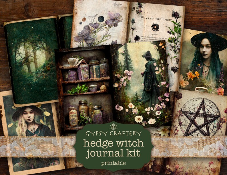 May include: A printable journal kit with a green background and the text "GYPSY CRAFTERY hedge witch journal kit printable". The kit includes images of a forest, a witch, jars of herbs, and a pentagram.