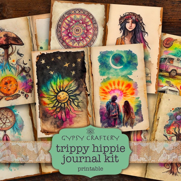 Trippy Hippie Junk Journal Kit, Digital Printable Journal, Ephemera Pack, ATC, Scrapbook Paper, Diy, Hippy, 60s, Retro