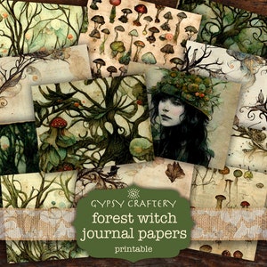 Könnte beinhalten: Ein Satz druckbarer digitaler Papiere mit dem Thema Waldhexe. Die Papiere enthalten Bilder von Bäumen, Pilzen und einer Frau mit einer Blätterkrone. Der Text "GYPSY CRAFTERY forest witch journal papers printable" ist im Bild enthalten.