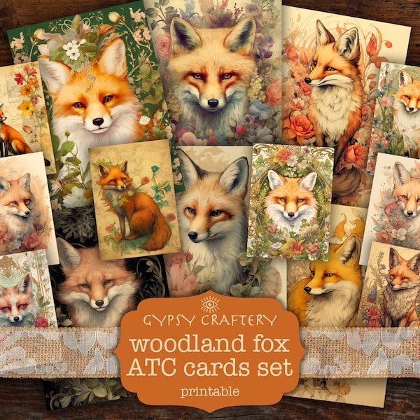 Woodland Fox ATC Cards, Fox Junk Journal Cards, Printable Ephemera, Digital Download, Scrapbooking, Forest Animals, Vintage