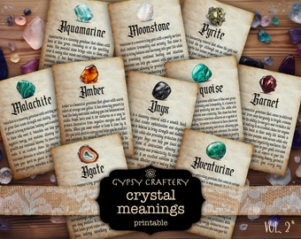 Printable Gemstone Cards, Crystal Properties Cards, Crystal Meaning, Witch Junk Journal Ephemera, Book Of Shadows, Wiccan Grimoire