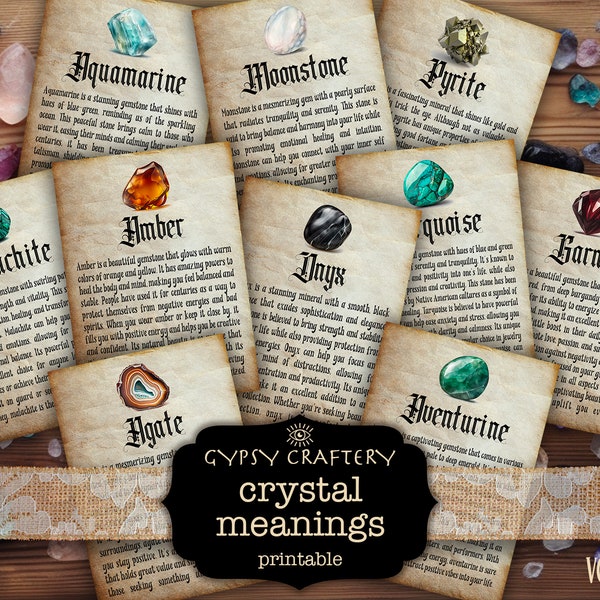 Printable Gemstone Cards, Crystal Properties Cards, Crystal Meaning, Witch Junk Journal Ephemera, Book Of Shadows, Wiccan Grimoire
