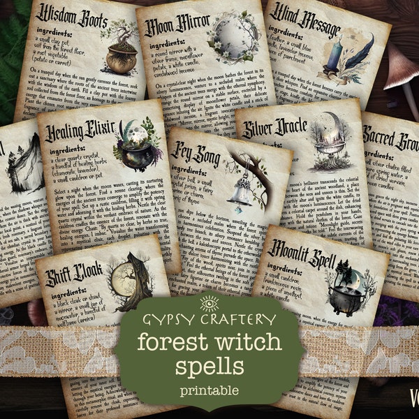 Forest Witch Spells, Printable Grimoire Pages, Spell Book, Book Of Shadows Pages, Forest Witch Junk Journal, Witchy Ephemera